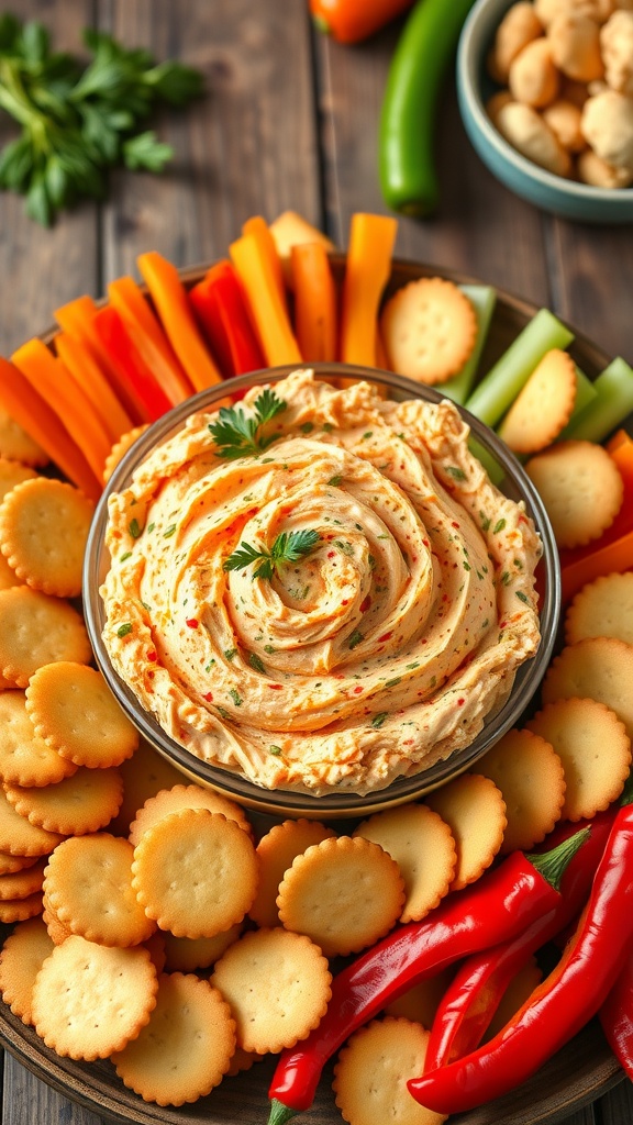 A bowl of creamy pimento cheese with crackers and fresh veggies on a rustic table.